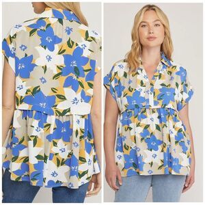 Entro Blue Yellow Floral Peplum Blouse 1X Collared Button Front Plus Size